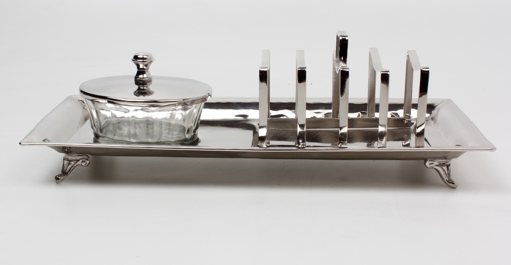 Tablett mit Toastständer und Schale mit Deckel | Edelstahl vernickelt, Glas |