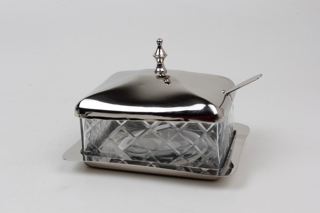 Butterdose | Messing vernickelt, Glas |