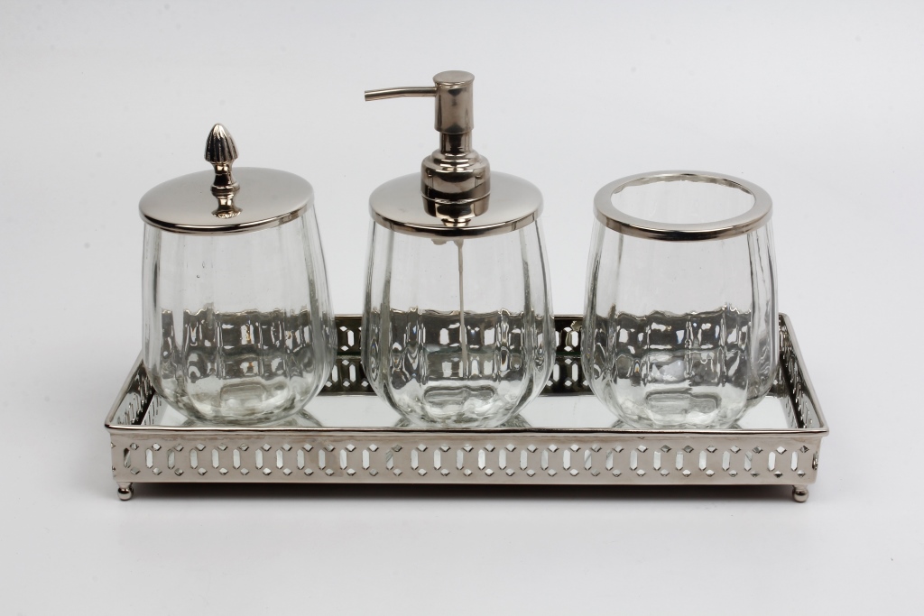 Badset auf Tablett | Messing vernickelt, Glas |