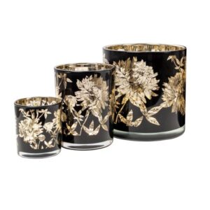 Windlicht 10 x 12,5 Blume | Glas schwarz/gold |